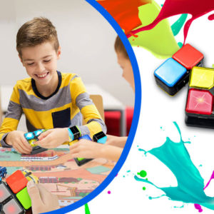 a group of children enjoying Miniwhale's electronic rubiks cube
