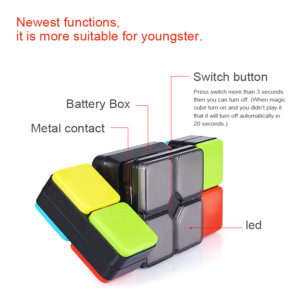 Miniwhale's Electronic Rubik's cube comprises of a battery box, switch button, metal contact and led
