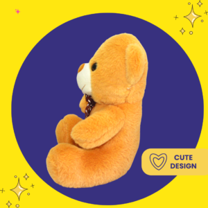 A brown teddy bear stuffed soft toy plushie sitting having soft brown fur, button eyes, a dark brown ribbon around the neck.