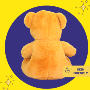 A large brown teddy bear stuffed soft toy plushie with soft brown fur, button eyes, and a dark brown ribbon