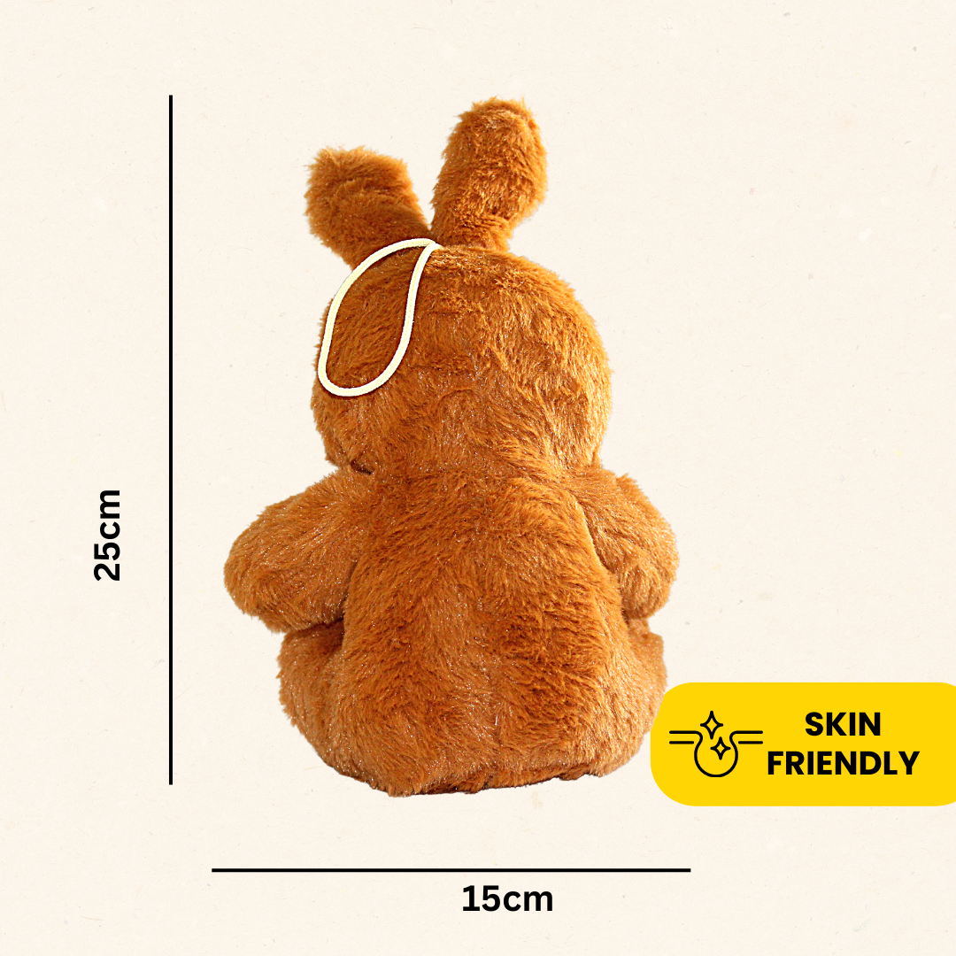 Small brown bunny stuffed animal on a white background