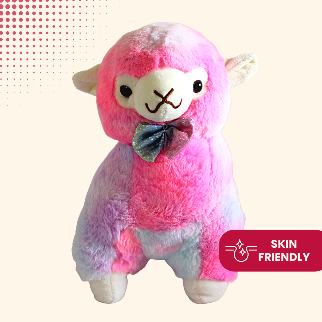 Adorable purple stuffed llama with blue-pink bow