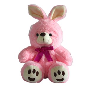 Pink rabbit stuffed toy with black button eyes